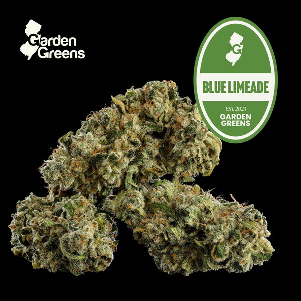 Blue Limeade flower with its strain badge