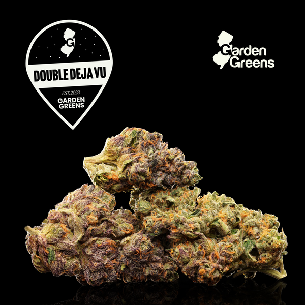 Double Deja Vu flower with its strain badge