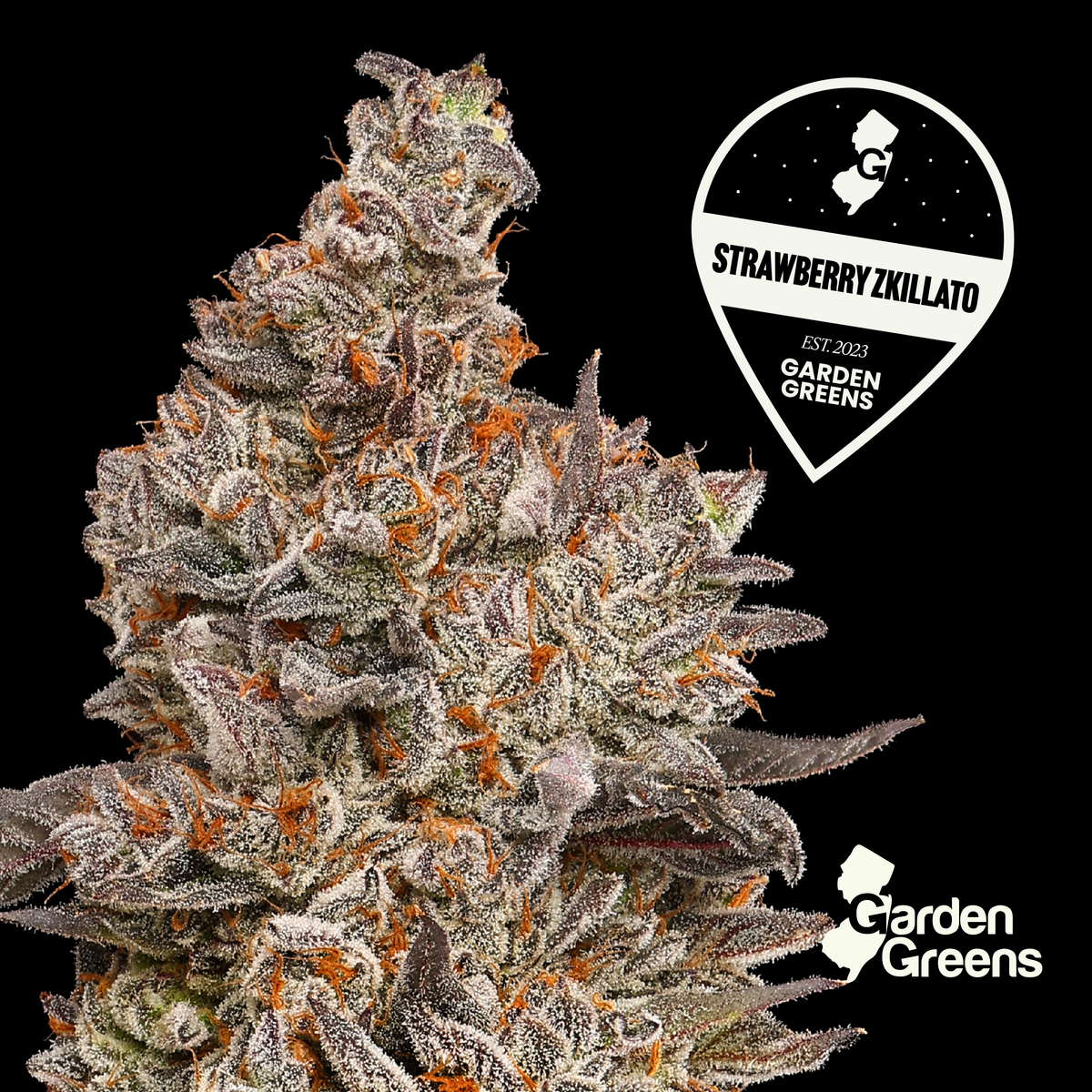 Strawberry Zkillato flower with its Garden Greens strain badge