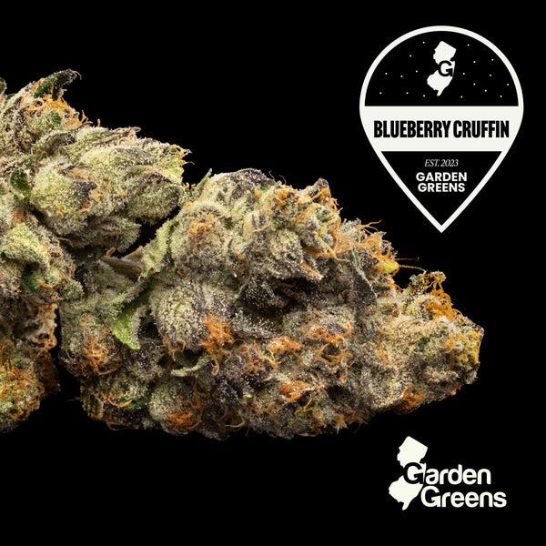 Blueberry Cruffin flower with its strain badge